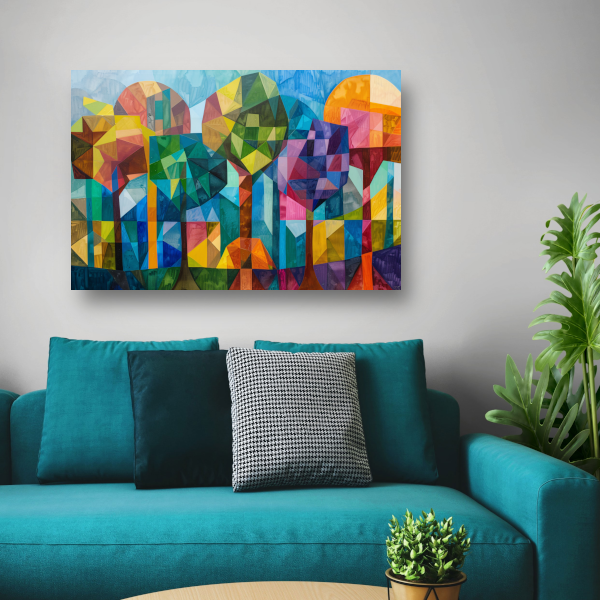 Abstracte kleurrijke bomen in geometrische stad poster