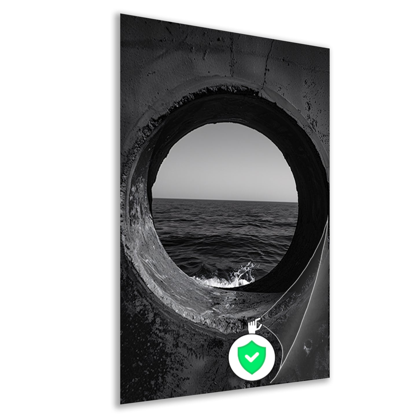 Monochroom zeegezicht door betonnen raam poster