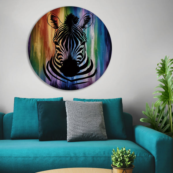 Zebra silhouet met kleurrijke regenboog achtergrond aluminium muurcirkel