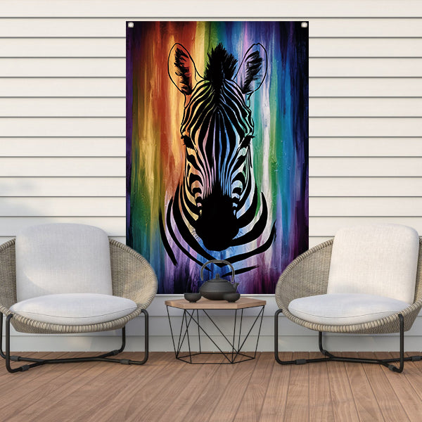 Zebra silhouet met kleurrijke regenboog achtergrond tuinposter