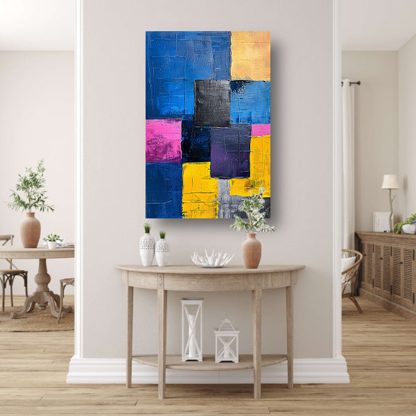 Abstract schilderij met kleurrijke blokken en texturen canvas