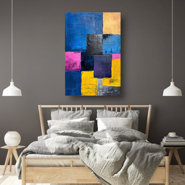 Abstract schilderij met kleurrijke blokken en texturen canvas
