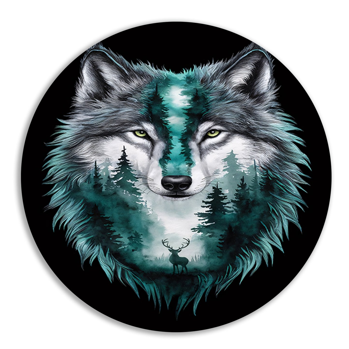 Wolf met boslandschap in vacht verweven aluminium muurcirkel