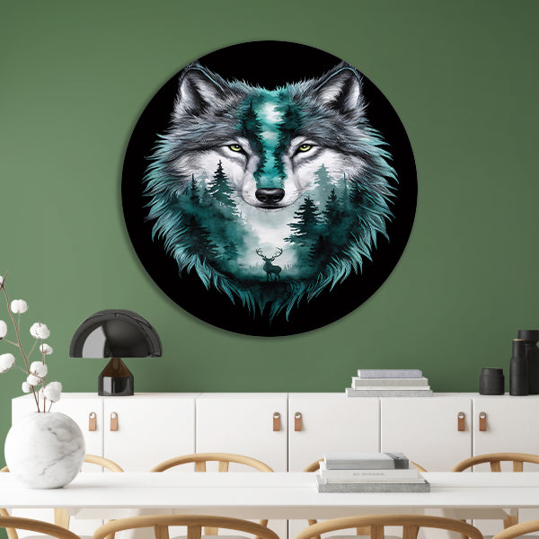 Wolf met boslandschap in vacht verweven aluminium muurcirkel