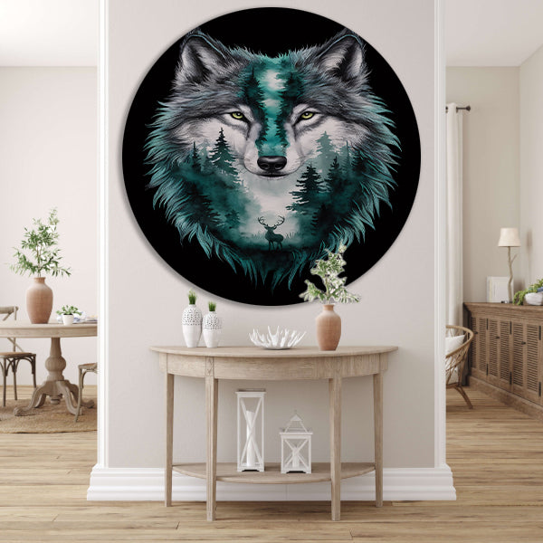 Wolf met boslandschap in vacht verweven aluminium muurcirkel