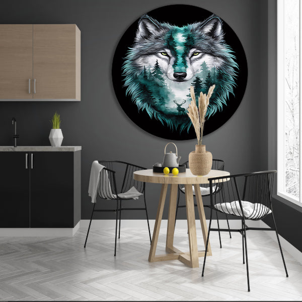 Wolf met boslandschap in vacht verweven aluminium muurcirkel