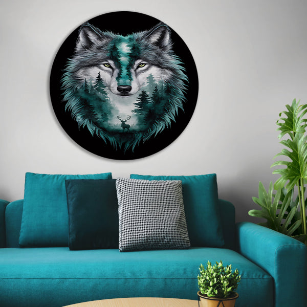 Wolf met boslandschap in vacht verweven aluminium muurcirkel