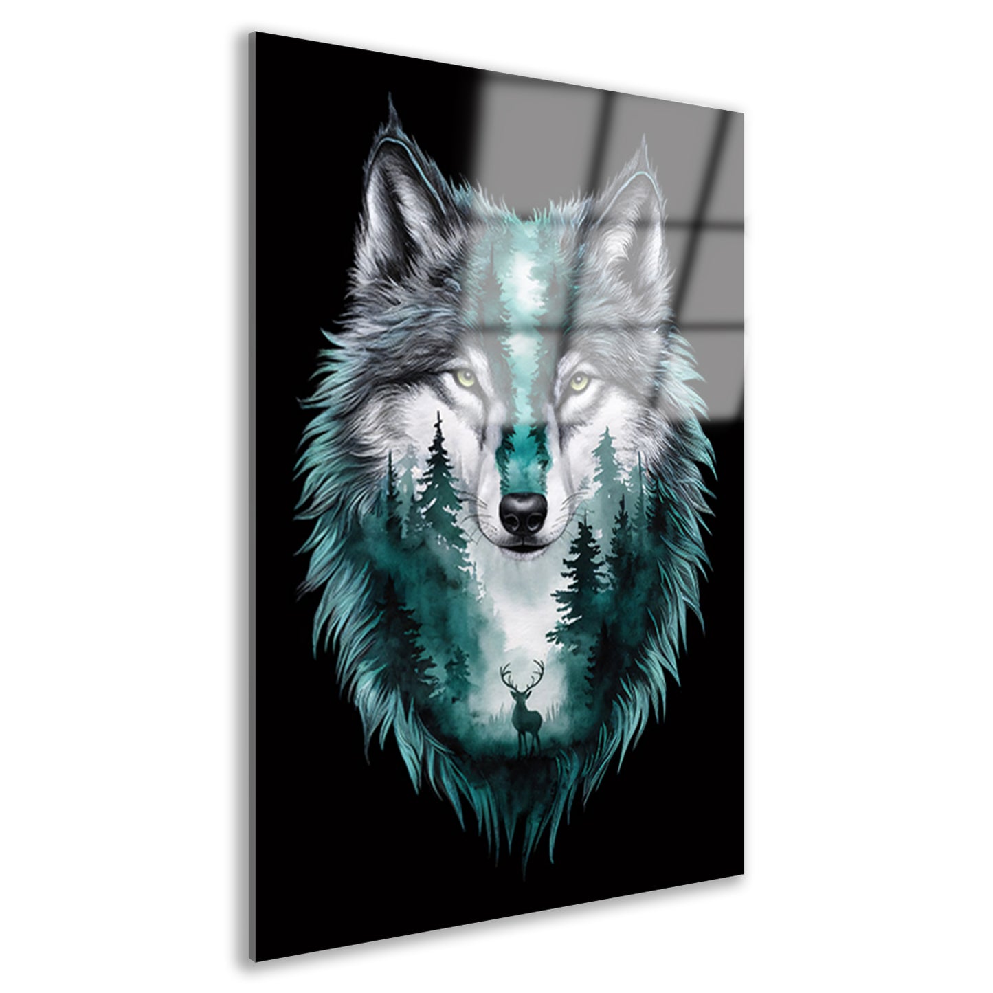 Wolf met boslandschap in vacht verweven acrylglas