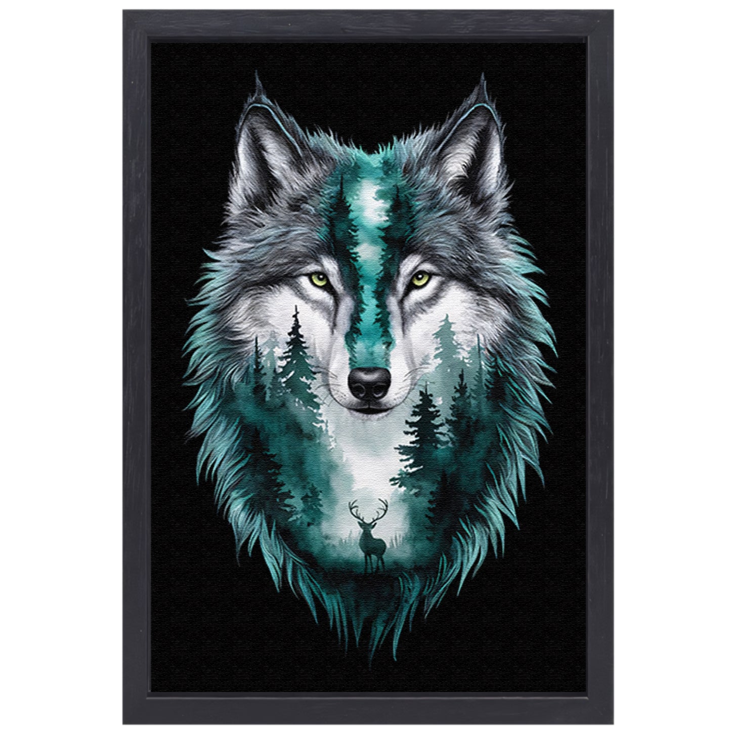 Wolf met boslandschap in vacht verweven canvas met baklijst