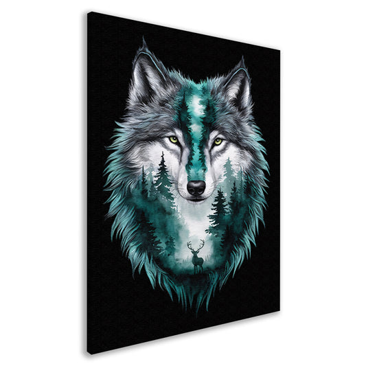 Wolf met boslandschap in vacht verweven canvas