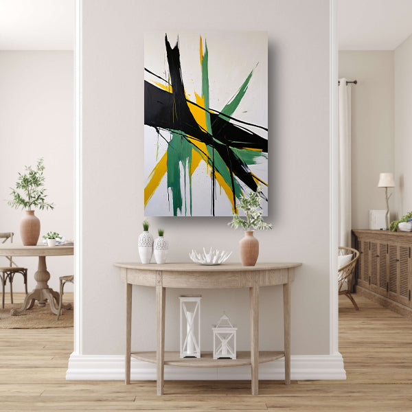 Abstracte dynamiek in zwart, wit en geel canvas