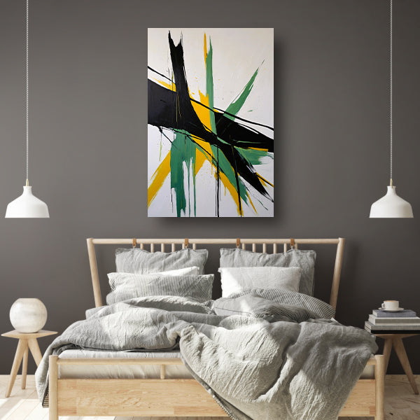 Abstracte dynamiek in zwart, wit en geel canvas