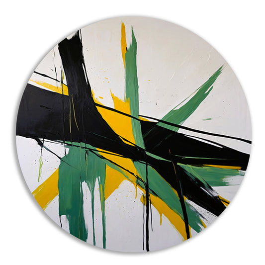 Abstracte dynamiek in zwart, wit en geel aluminium muurcirkel