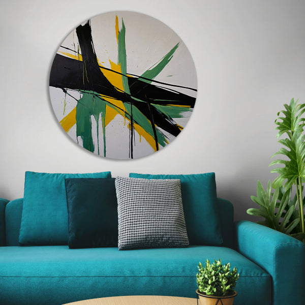 Abstracte dynamiek in zwart, wit en geel aluminium muurcirkel