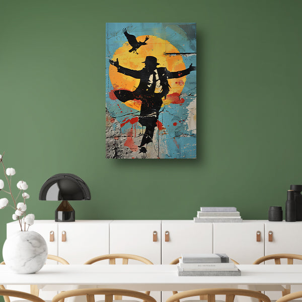 Silhouet van dansende man en kraai poster