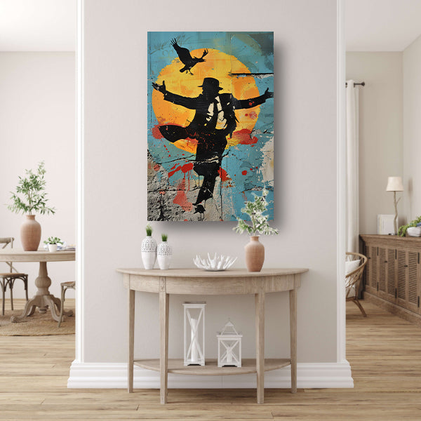 Silhouet van dansende man en kraai poster