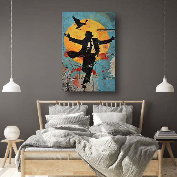 Silhouet van dansende man en kraai poster