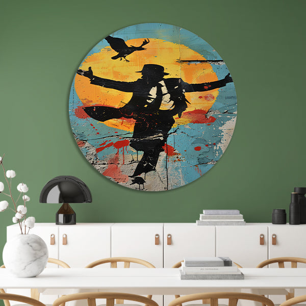 Silhouet van dansende man en kraai aluminium muurcirkel