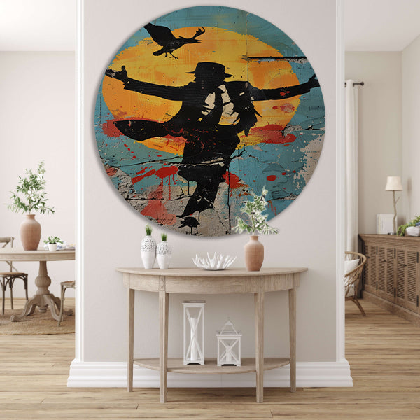 Silhouet van dansende man en kraai aluminium muurcirkel