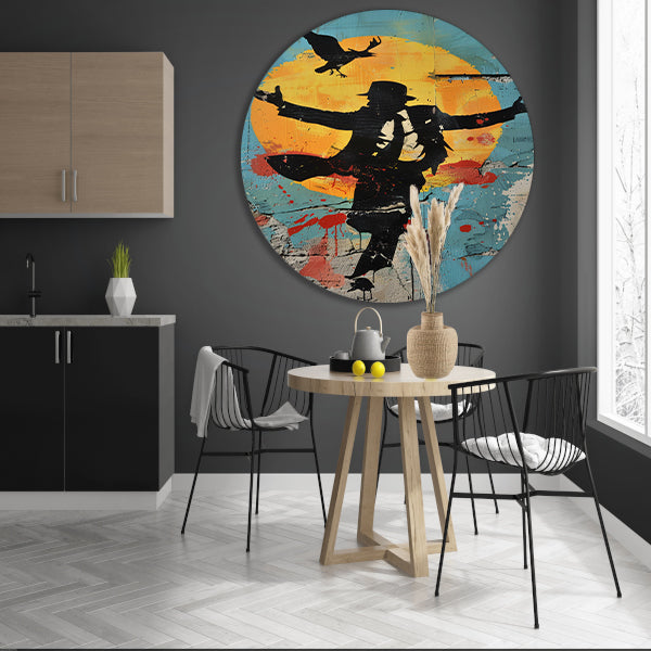 Silhouet van dansende man en kraai aluminium muurcirkel