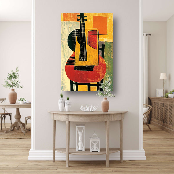 Kubistische Gitaar op een Rode Stoel poster