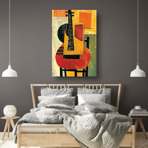 Kubistische Gitaar op een Rode Stoel canvas