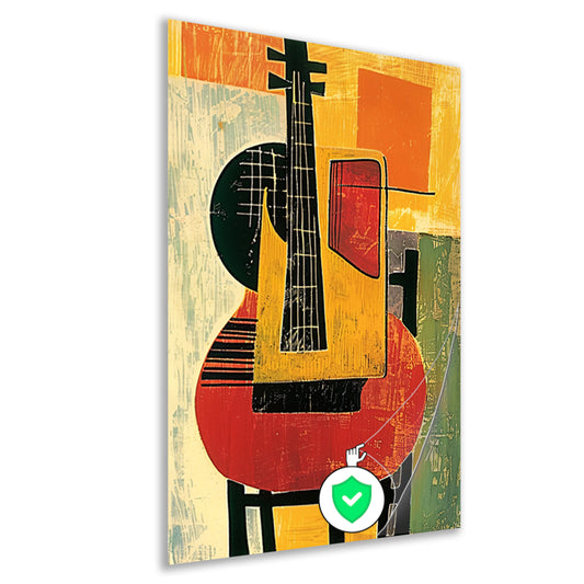 Kubistische Gitaar op een Rode Stoel poster