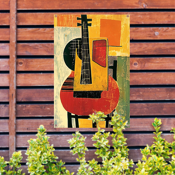 Kubistische Gitaar op een Rode Stoel tuinposter