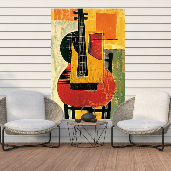 Kubistische Gitaar op een Rode Stoel tuinposter