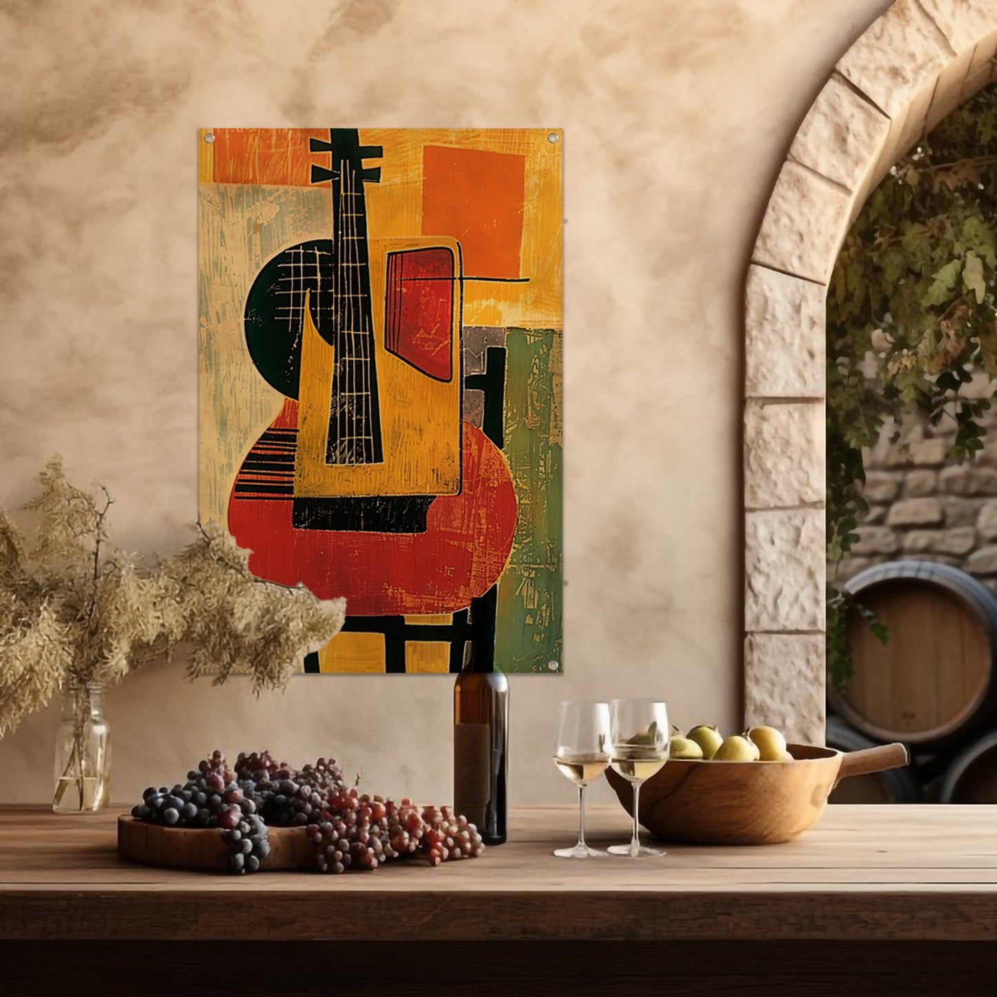 Kubistische Gitaar op een Rode Stoel tuinposter