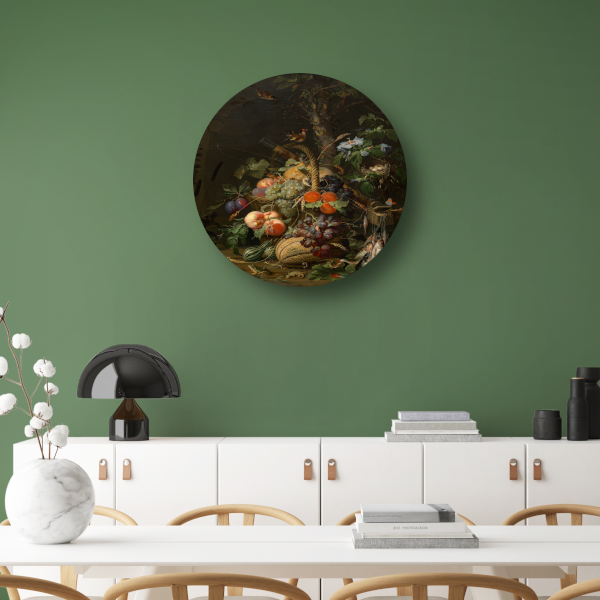 Stilleven met fruit, vis en een nest - Abraham Mignon forex muurcirkel
