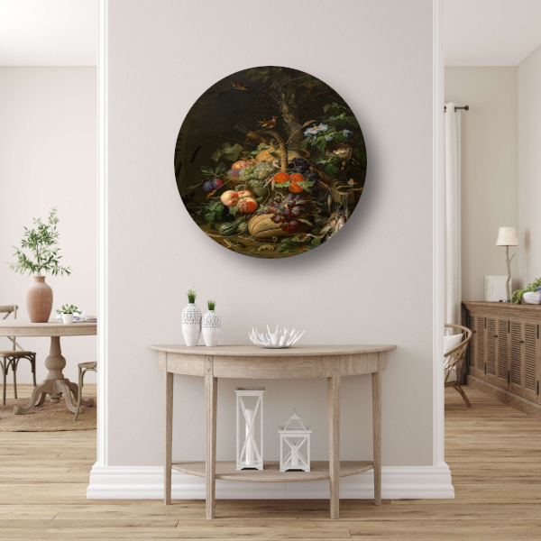 Stilleven met fruit, vis en een nest - Abraham Mignon aluminium muurcirkel