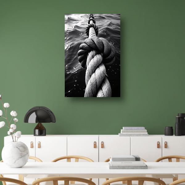 Zwart-wit foto van verweven touw in water canvas