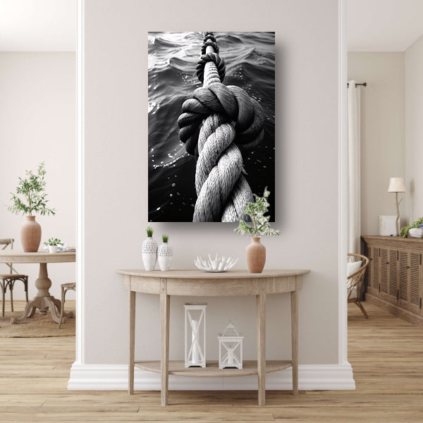 Zwart-wit foto van verweven touw in water canvas