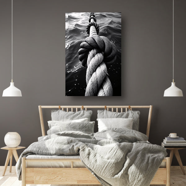Zwart-wit foto van verweven touw in water canvas