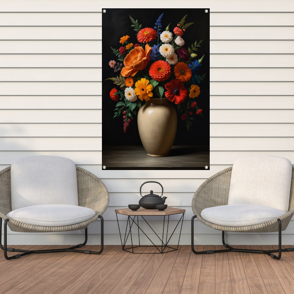 Levendige vaas met kleurrijke bloemenselectie tuinposter