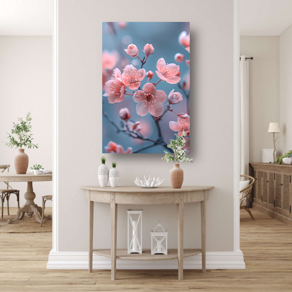 Zachtroze Bloesems op Slanke Takken poster