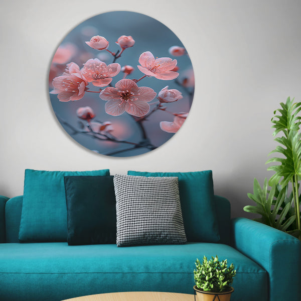 Zachtroze Bloesems op Slanke Takken aluminium muurcirkel