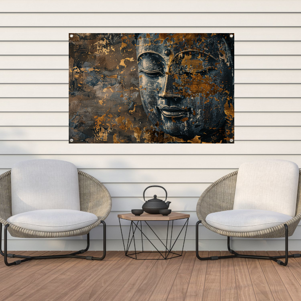 Mysterieuze Boeddha met gouden accenten tuinposter
