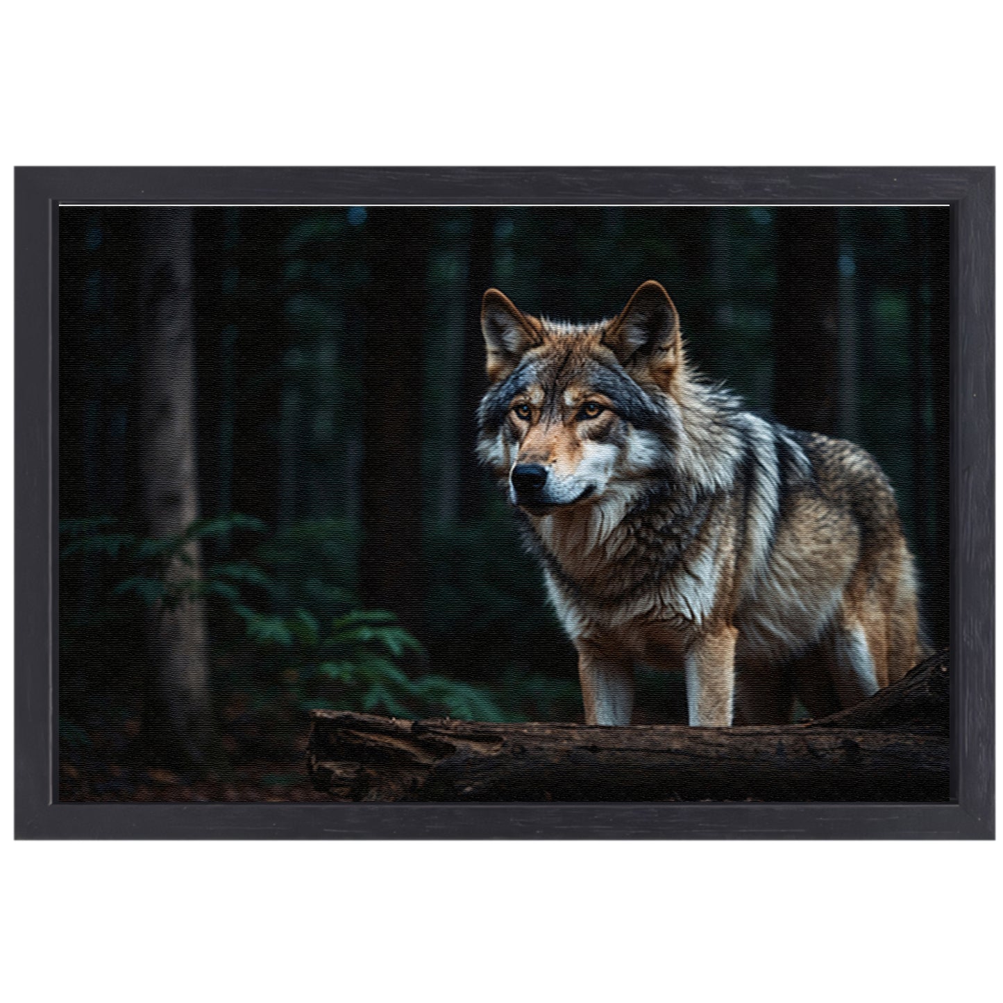 Prachtige wolf in een donker bos canvas met baklijst