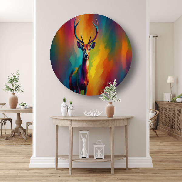 Abstracte kleurenpracht met statig hert forex muurcirkel
