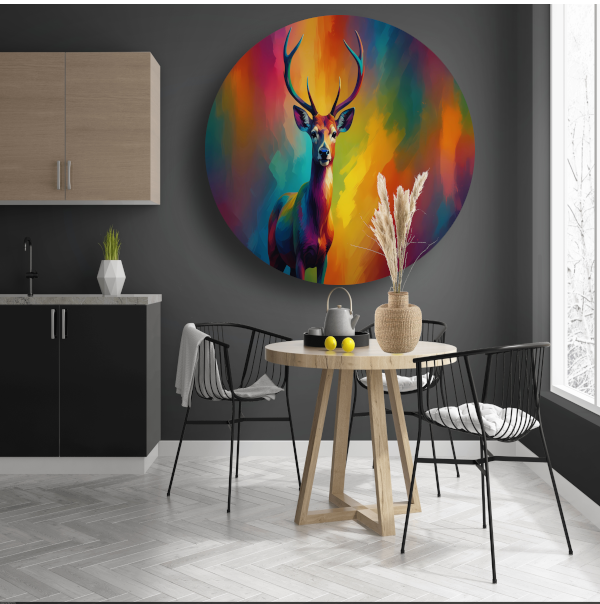 Abstracte kleurenpracht met statig hert forex muurcirkel