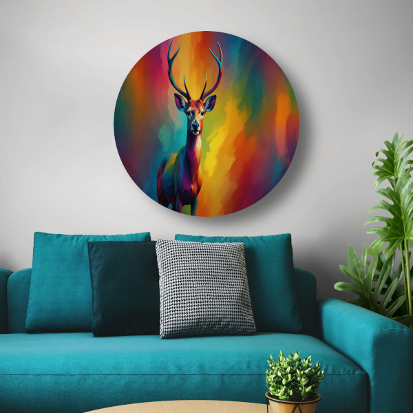 Abstracte kleurenpracht met statig hert forex muurcirkel