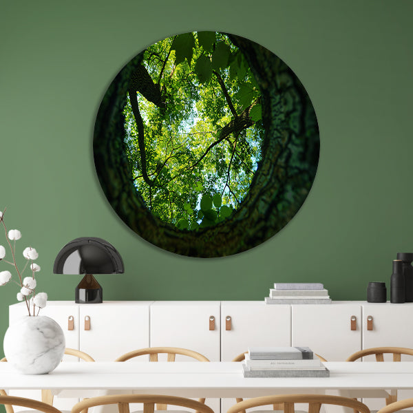 Natuurlijke lens op groene boomkruinen aluminium muurcirkel
