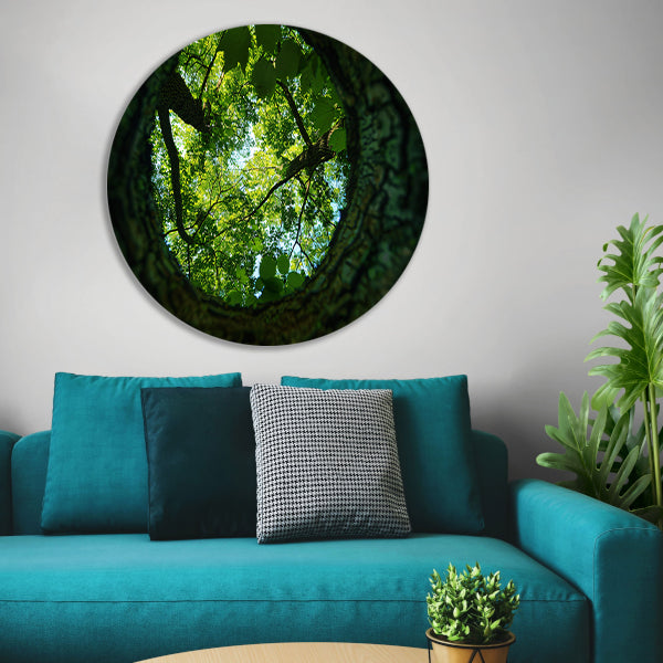 Natuurlijke lens op groene boomkruinen aluminium muurcirkel