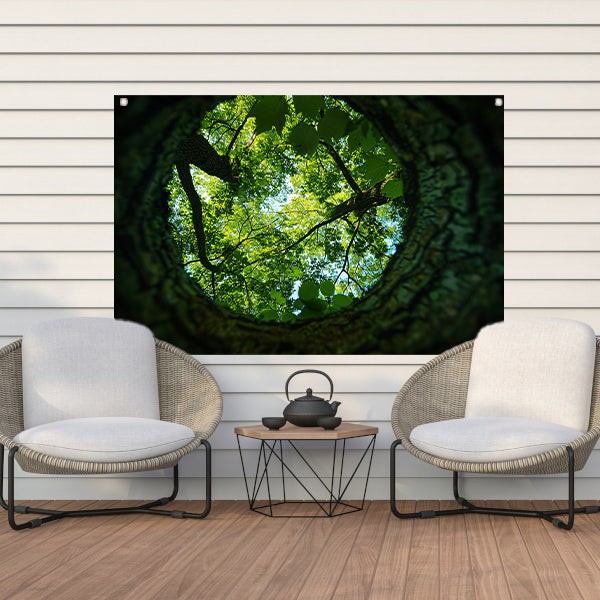 Natuurlijke lens op groene boomkruinen tuinposter