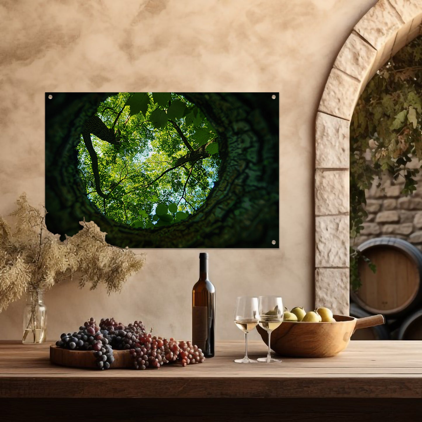 Natuurlijke lens op groene boomkruinen tuinposter