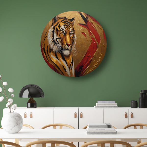 Gouden Tijger Moderne Kunst op Rood aluminium muurcirkel