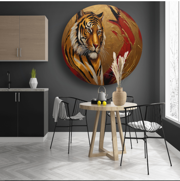 Gouden Tijger Moderne Kunst op Rood aluminium muurcirkel