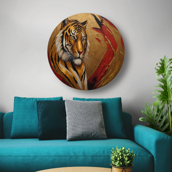 Gouden Tijger Moderne Kunst op Rood aluminium muurcirkel